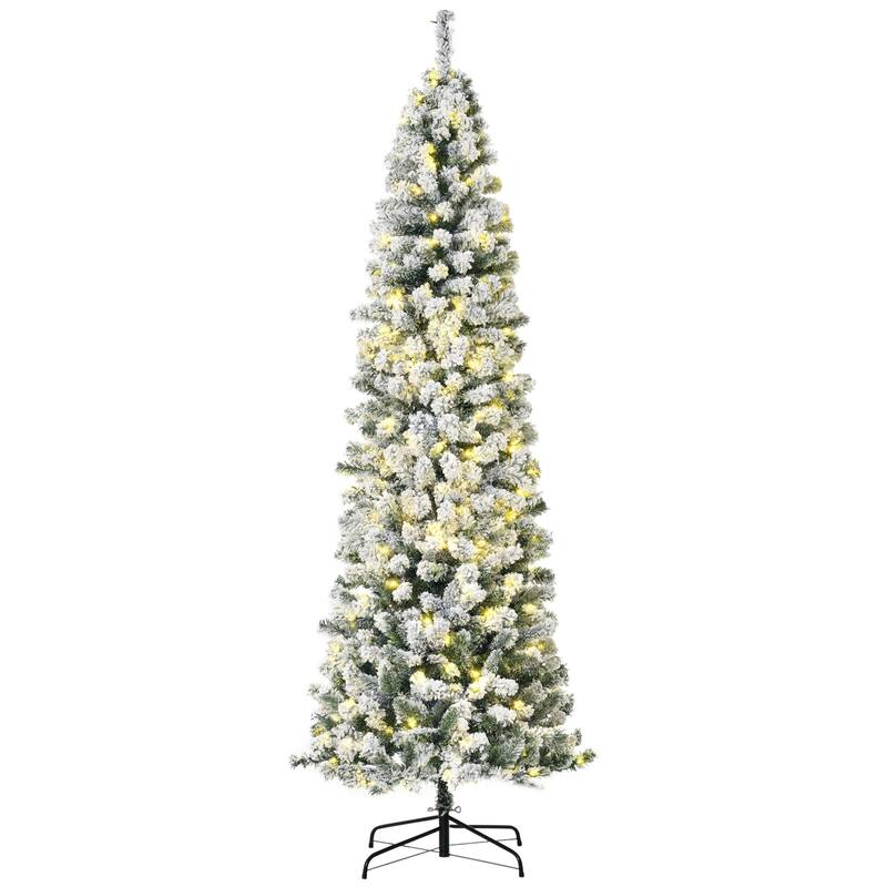 HOMCOM 6FT/7FT/9FT Slim Flocked Christmas Tree with Lights, Skinny Christmas Tree with Stand