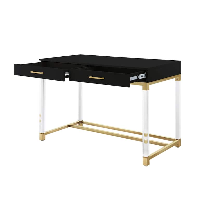 HomeRoots 48" Black Clear and Gold Wood Acrylic and Stainless Steel Writing Desk With Two Drawers