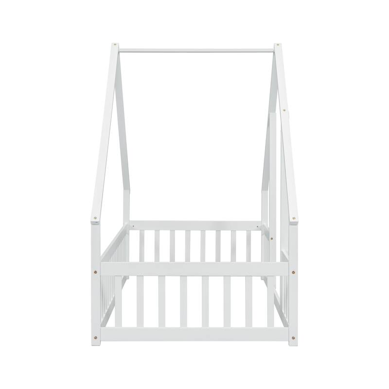 Twin Wood House-Shaped Floor Bed with Guardrails and Fence, Natural Pine Wood Construction for Kids Bedroom