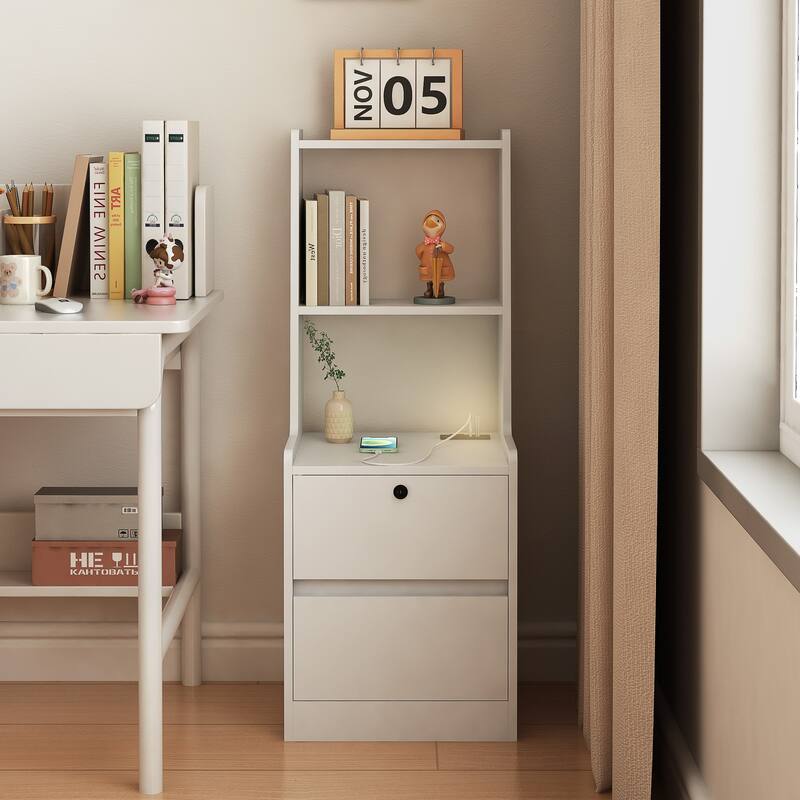 Smart Nightstand with USB Ports, AC Outlet, and Lockable Cabinet - 15.74"x15.74"x41.14", White