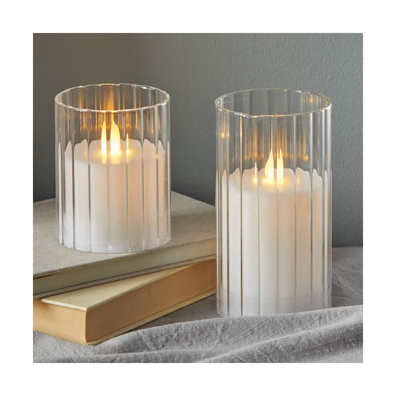Anya LED Glass Hurricane 3x6 Flameless Pillar Candle Holder for Indoor Use Clear Glass 6in H x 3in L x 3in W