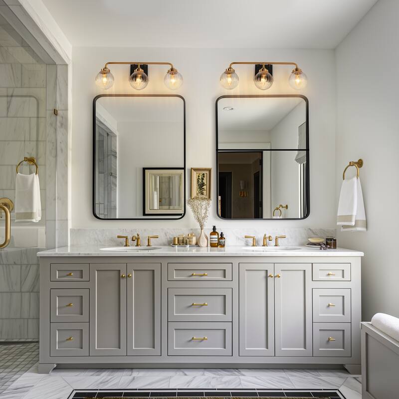 Modern Black Gold 3-Light Bathroom Vanity Light Wall Sconces with Ribbed Glass - L 21.5" x W 6.5" x H 8"