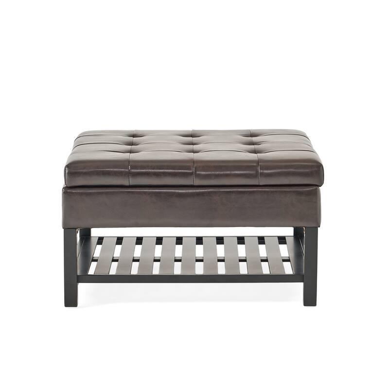 Roomfitters Square Tufted Ottoman with Lift-Top Storage and Slatted Shelf, Faux Leather Coffee Table, Dark Brown