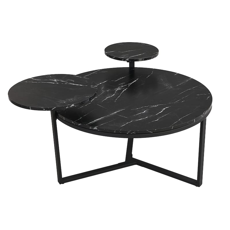 31.5" Modern Coffee Table with Two Display Shelves and Faux Marble Surfaces
