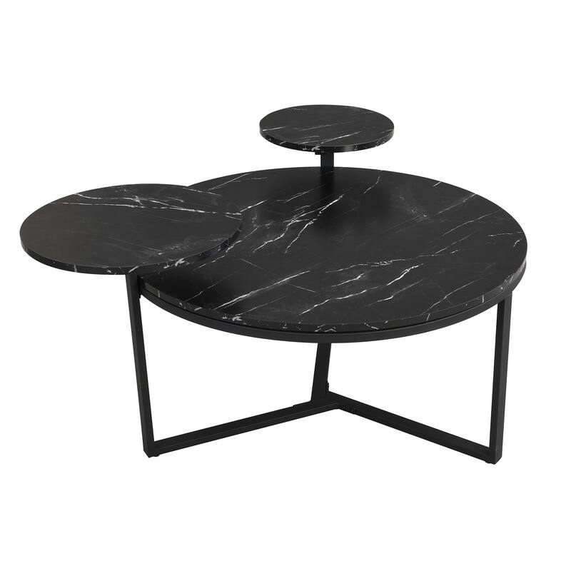 Modern Coffee Table with Two Display Shelves, Black Faux marble surfaces, Tripod-inspired base,Rounded tabletop edges