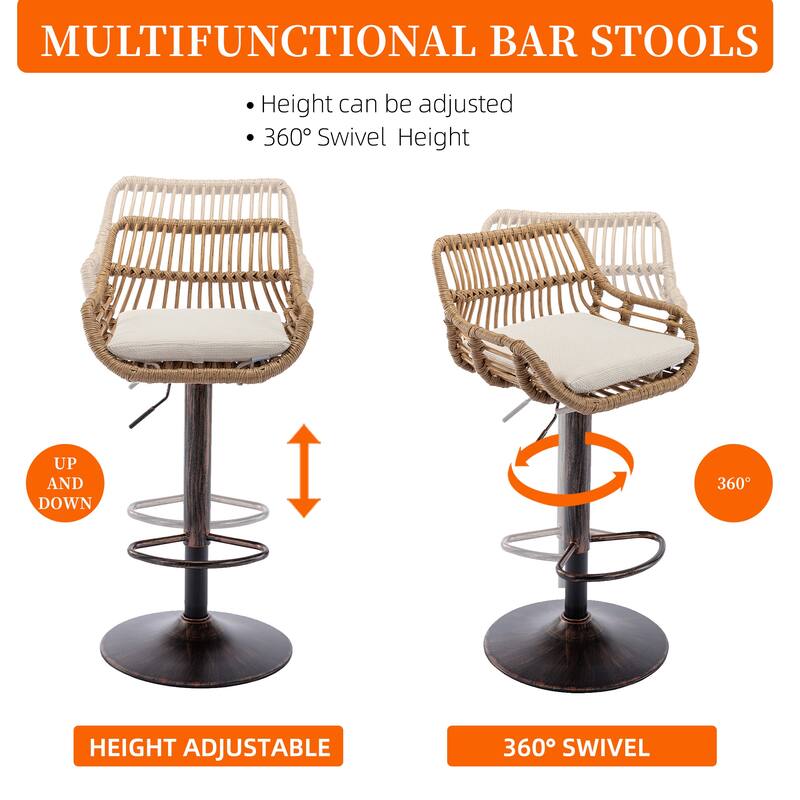Plastic Rattan Linen Swivel Adjustable Height Bar Stools With Footrest(set of 2)