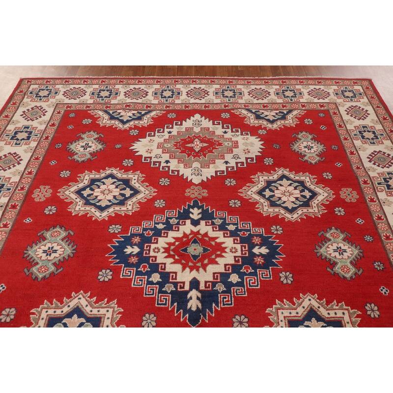 Geometric Red Kazak Oriental Area Rug Hand-Knotted Wool Carpet - 8'3"x 10'0"