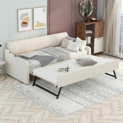 Beige Twin Size Upholstery Daybed with Adjustable Trundle and USB Charging Design, Twin Sofa Bed for Livingroom Bedroom