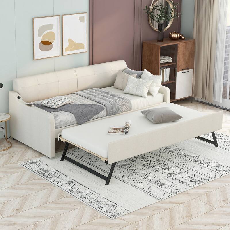 Twin Size Upholstered Daybed with Trundle and USB Charging, Beige - Beige