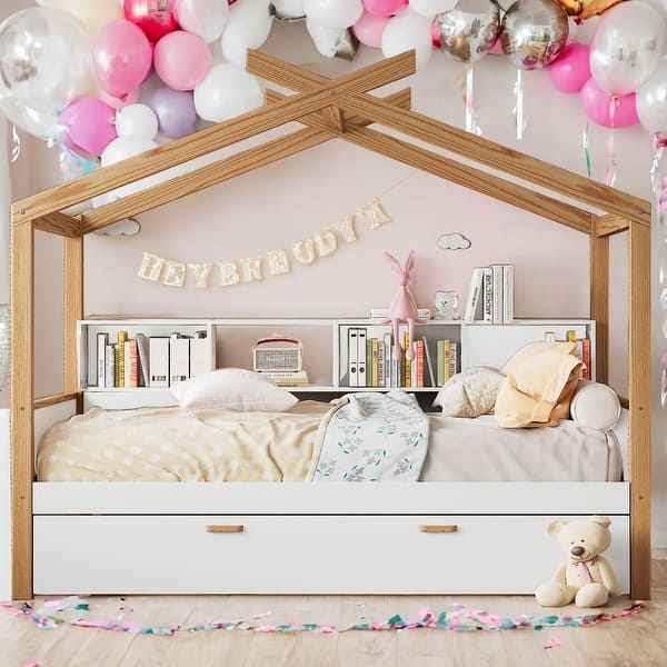 slide 2 of 7, Wood Colored Twin Size House Bed with Twin Size Trundle, Kids Bed with Bookshelf Storage Space Walnut - Twin