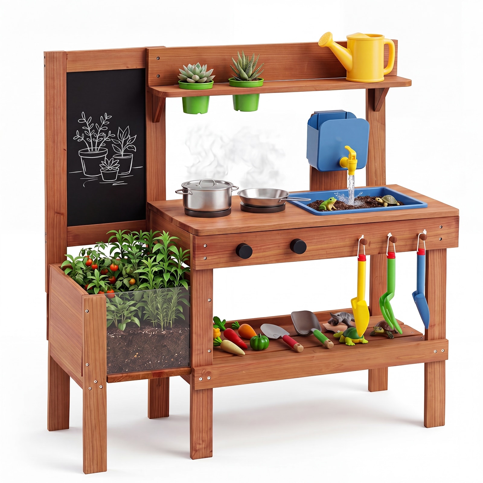 Costway Kids Mud Kitchen with Planter Box, Sink, Stoves, Chalkboard & - 37” x 14.5” x 38” (L x W x H)