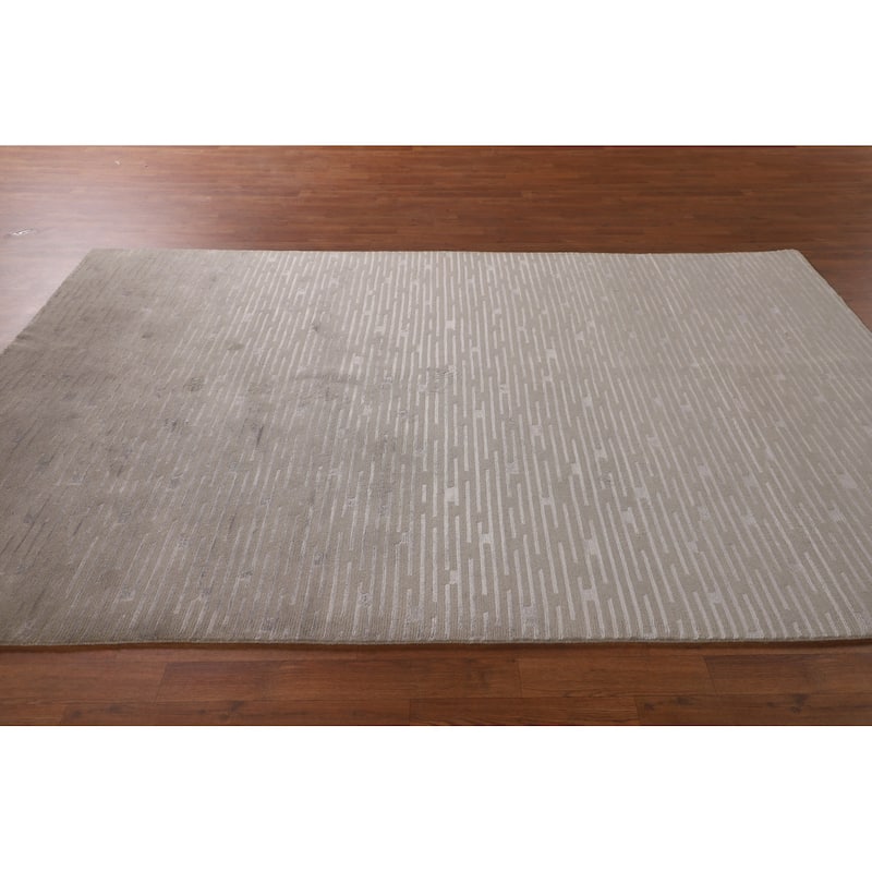 Beige Striped Nepalese Oriental Area Rug Hand-Knotted Wool Carpet - 5'10" x 8'8"
