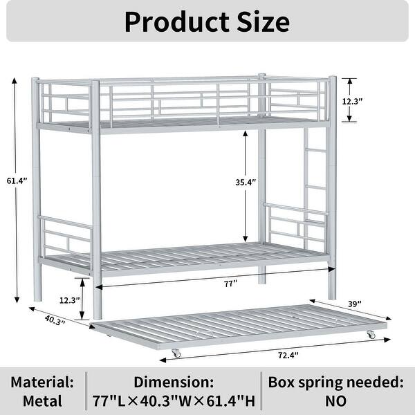 Gray+Silver Twin over Twin Metal Bunk Bed with Noise-Reducing Guardrail