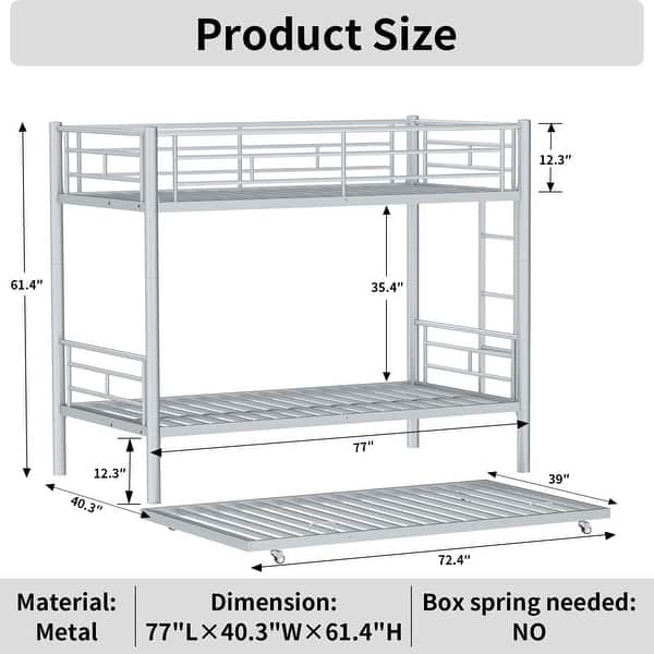 dimension image slide 1 of 3, Metal Twin over Twin Bunk Bed with Trundle and Guardrail, Silver