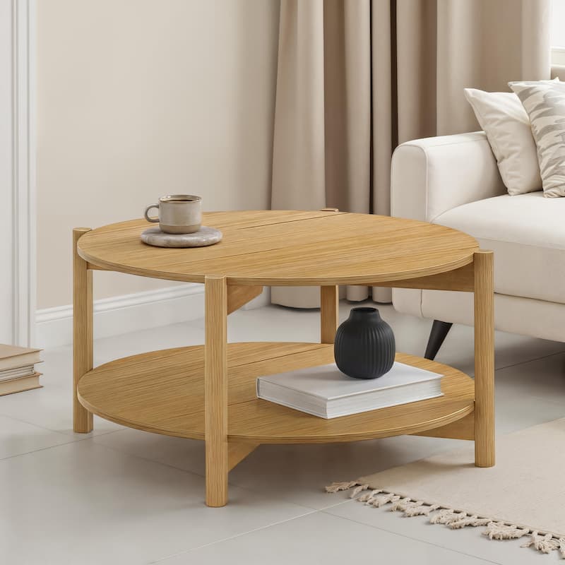 Furniture of America Rovion Round Wood Coffee Table with Open Bottom Shelf - Natural