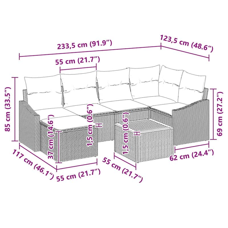 vidaXL 7 Garden Sofa Set with Cushions Black/Grey Poly Rattan - 91.9 x 48.6 x 27.2