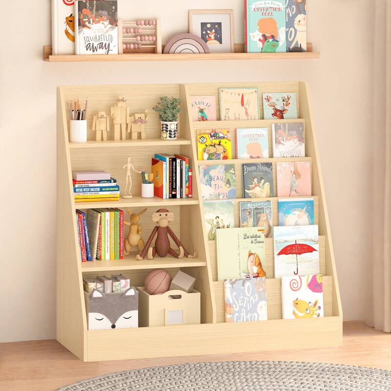 Kids Bookshelf and Toy Storage Organizer, Multifunctional 4 Tier Wooden Kids Book Shelf with Bookcase Display Stand