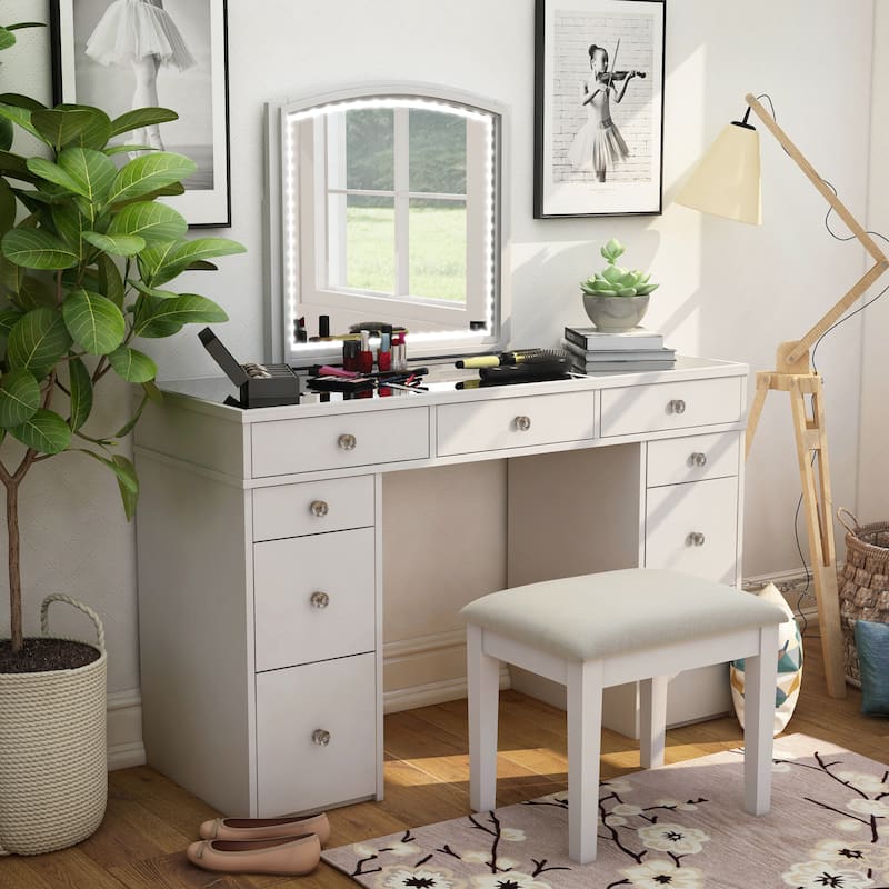 Furniture of America Cork Transitional White Wood 9-Drawer 3-Piece Makeup Vanity Set - White