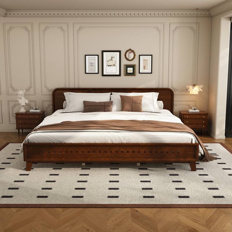 Pine Solid Wood Bed with Timeless Design Easy Assemble - Dark Walnut - King