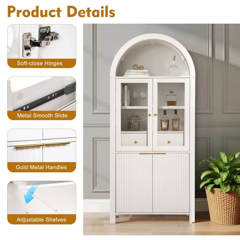 Fluted Arched Pantry Cabinet, Display Cabinet with Hidden Drawer & Glass Door, Storage Cabinet with Adjustable Shelves