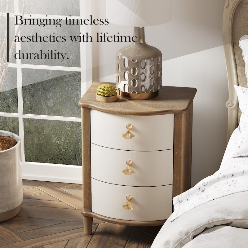 COZAYH Elegant 3-Drawer Nightstand with Gold Leaf Handles, Vintage Curved Front Design, Distressed Finish
