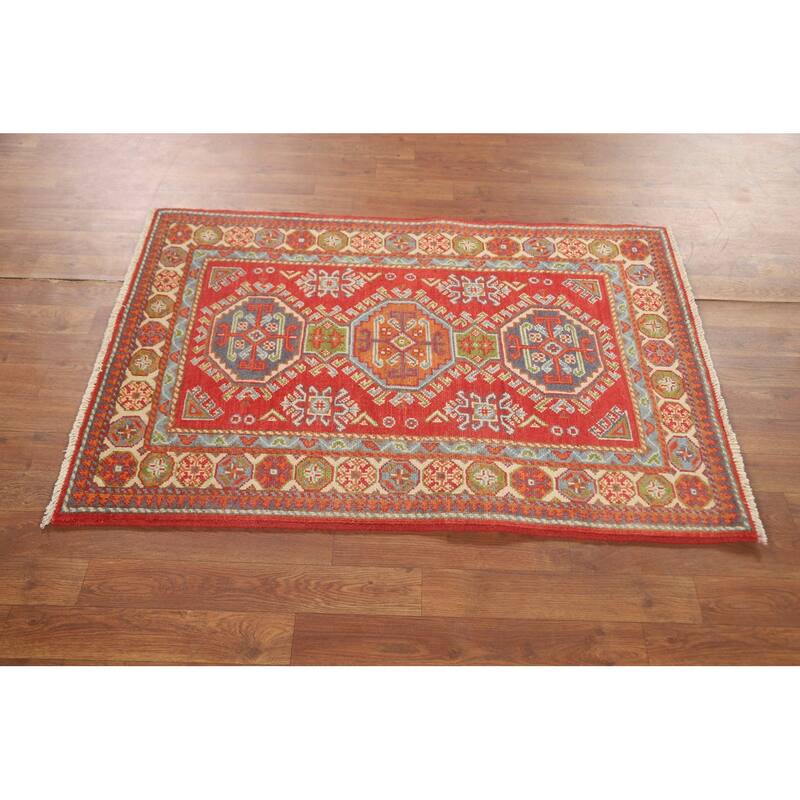 Geometric Kazak Accent Rug Handmade Wool Carpet - 2'10" x 4'0"