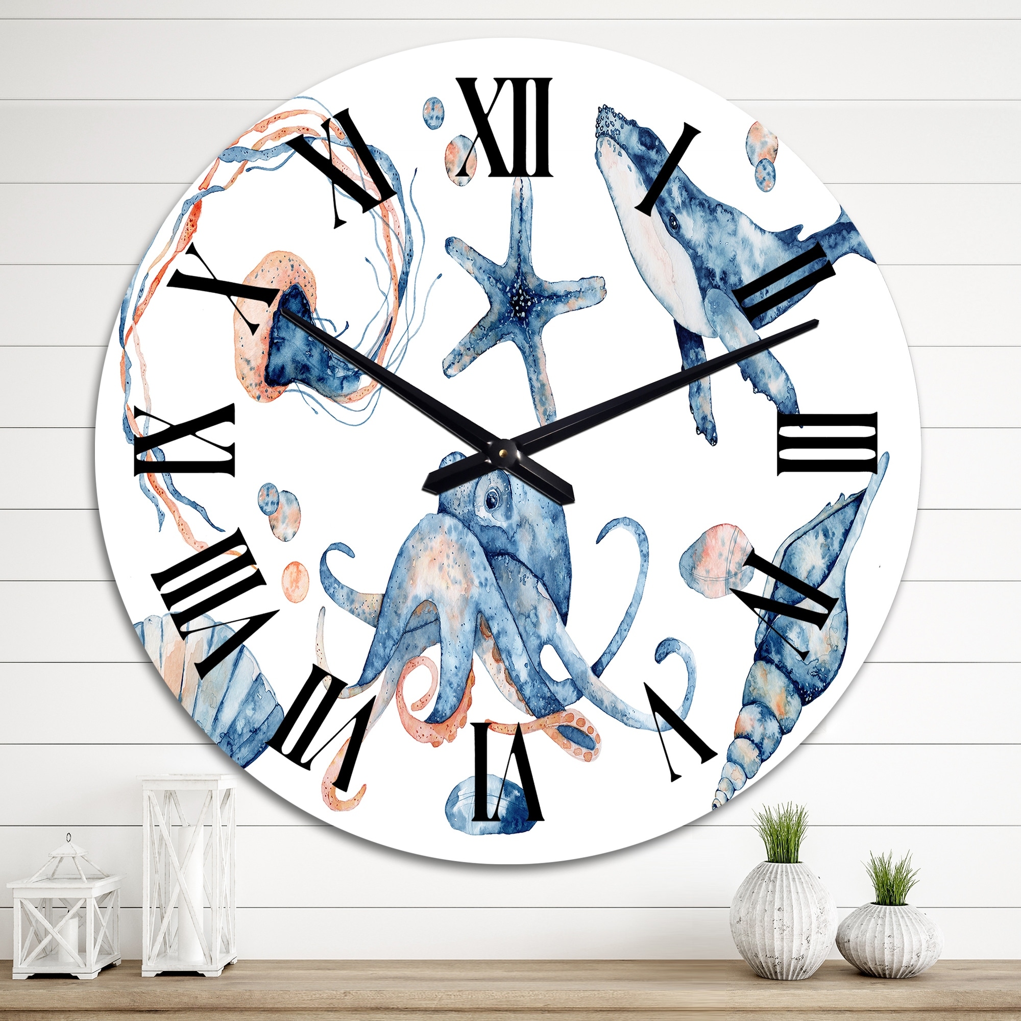 Designart 'Blue Ocean Fish Medusa Whale Seahorse Octopus' Nautical & Coastal wall clock