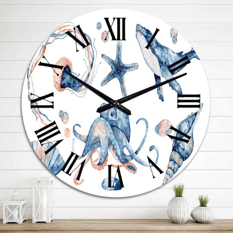 Designart 'Blue Ocean Fish Medusa Whale Seahorse Octopus' Nautical & Coastal wall clock - 36 In. Wide x 36 In. High