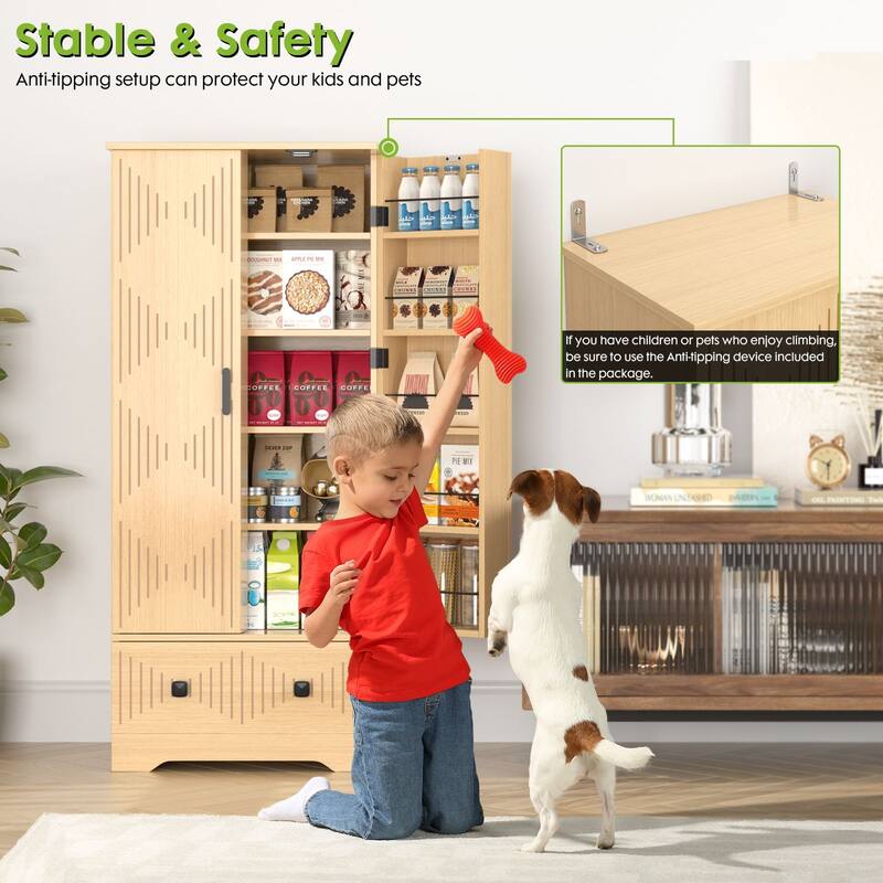 Gymojoy Farmhouse Pantry Cabinet with Drawer & Shelves, Kitchen Storage Cupboard for Dining Room, Living Room, Bathroom