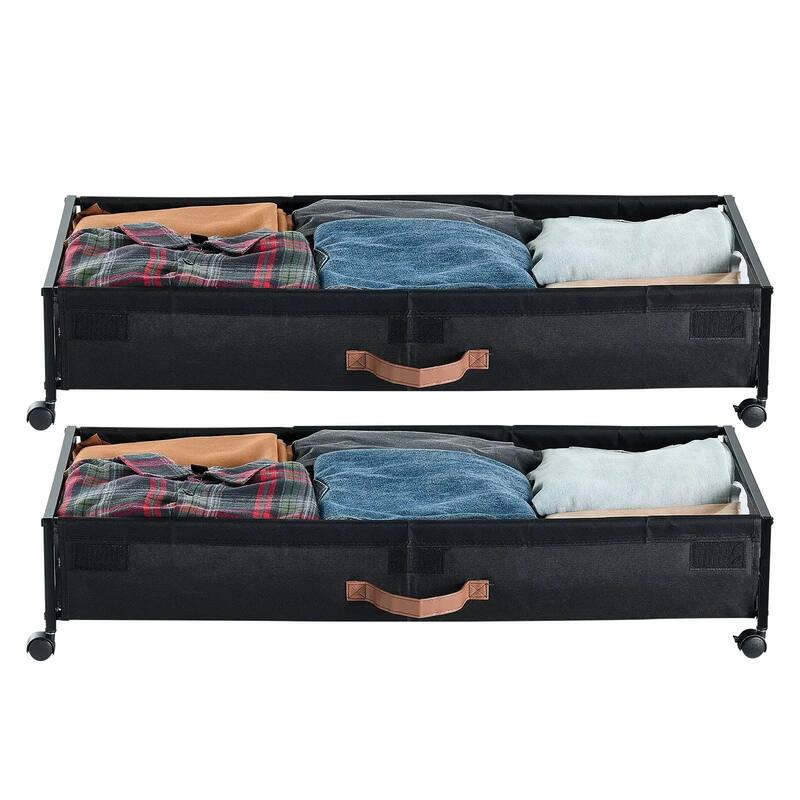 2-Pack Under Bed Shoe Clothing Organizer with Lockable Casters Handles and Clear Top Panel - 35.6 x 15.5 x 5.1 inch