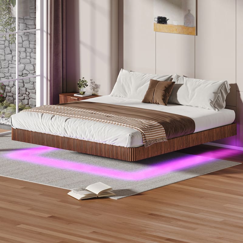 King Floating Bed Frame with LED Lights, Wave Curve Wood Texture Bed with Heavy Duty Metal Slats - No Box Spring Needed - Walnut