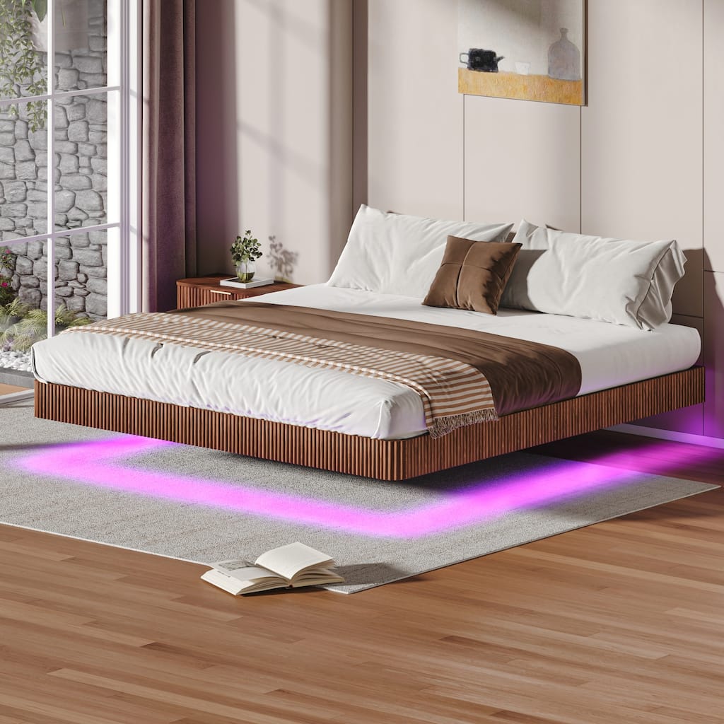 King Size Floating Bed Frame with LED Lights, Wave Curve Wood Texture, Heavy Duty Metal Slats, No Box Spring Needed