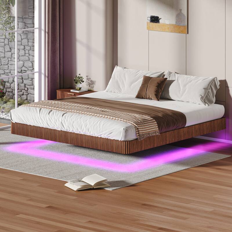 Walnut King Floating Bed Frame with LED Lights