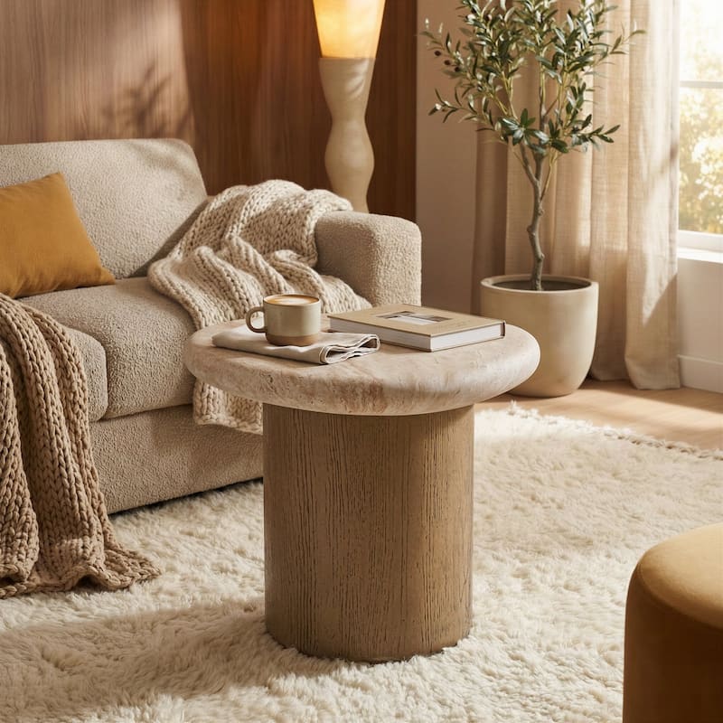 Studio London Nesting Table with Travertine Effect Concrete Top and Faux Wood