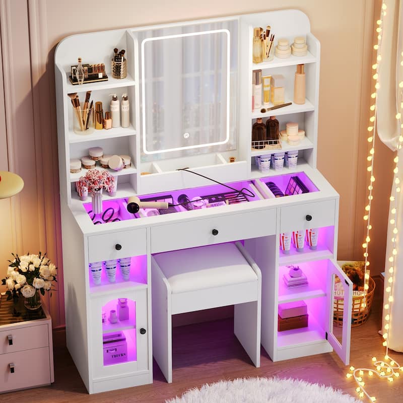 43" Glass Top Vanity Desk with LED Mirror & Stool, Modern Makeup Table with RGB Light Cabinets & 3 Drawers