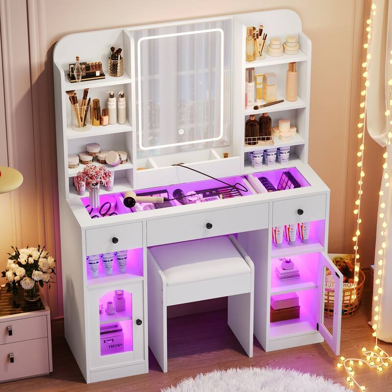 Glass Top Make-up Vanity Set with Stool & Charging Station, LED Makeup Mirror with 3 Lighting Modes