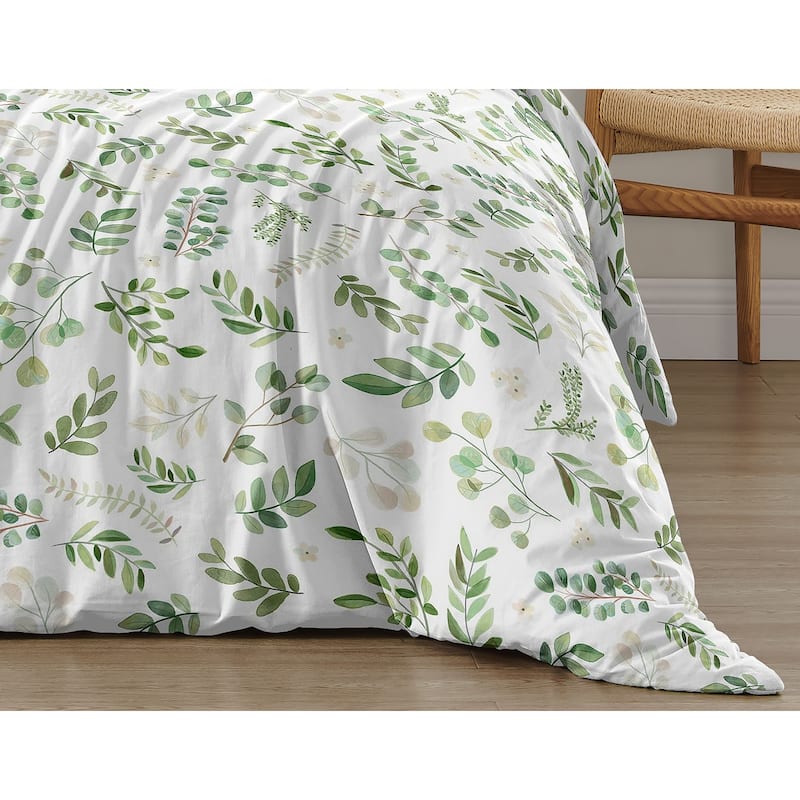Floral Leaf Collection Girl 2-piece Twin-size Comforter Set - Green and White Boho Watercolor Botanical Woodland Tropical Garden