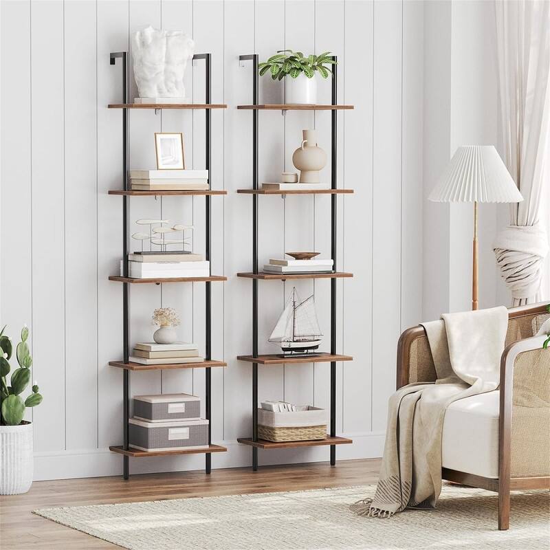 Ladder Shelf 5 Tier Wooden Wall Mounted Bookshelf - 9.45"D x 15.35"W x 65.94"H