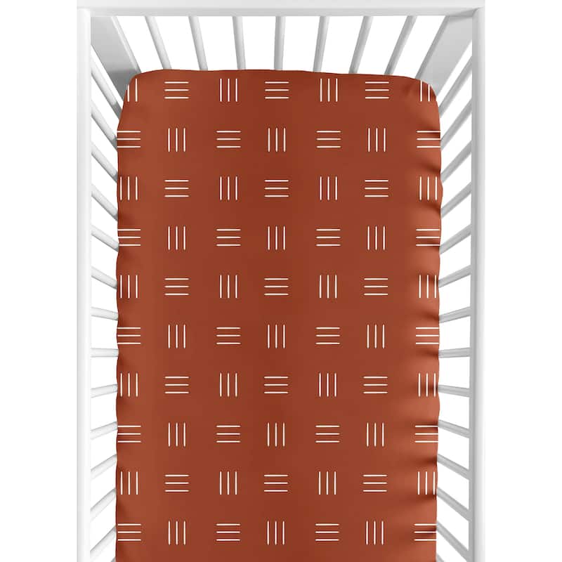 Rust and White Boho Mudcloth Boy Girl Fitted Crib Sheet - Orange Bohemian Woodland Tribal Southwest Mud Cloth Hatch Neutral Line