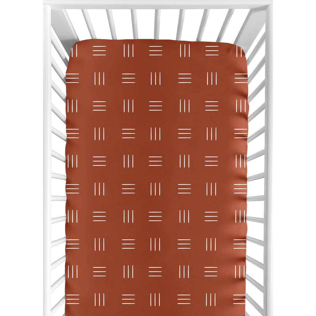Rust and White Boho Mudcloth Boy Girl Fitted Crib Sheet - Orange Bohemian Woodland Tribal Southwest Mud Cloth Hatch Neutral Line