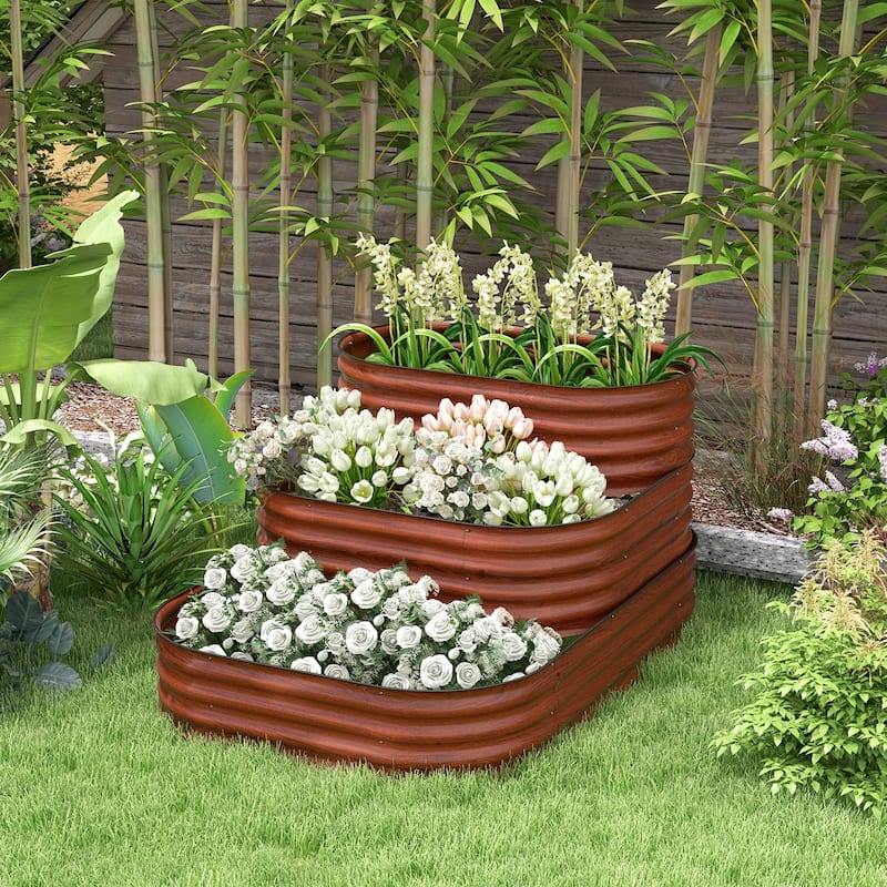 Outsunny 3-Tier Galvanized Steel Raised Garden Bed Kit, 62.25" x 43" x 32.25", 3 Combining Planter Boxes - Brown