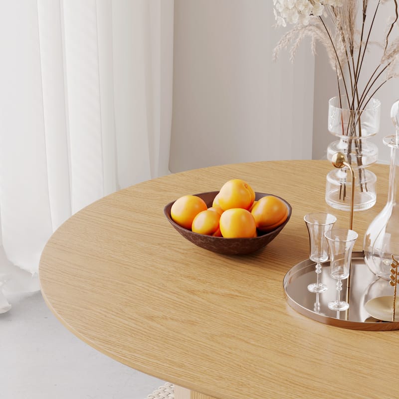 Modern Oval Wooden Dining Table - 79" Large Size, Sturdy Fluted Base, Natural Oak Finish for Dining Room
