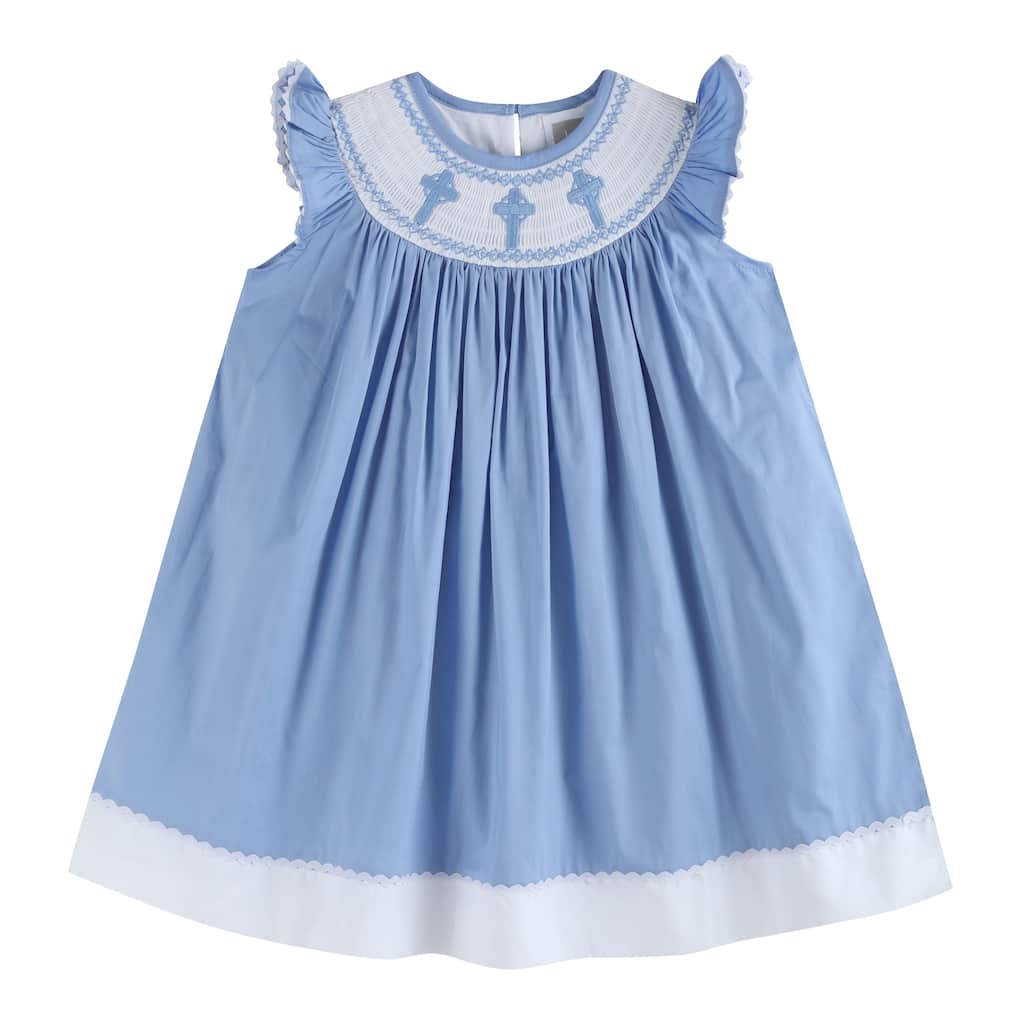 Lil Cactus Periwinkle Blue Crosses Smocked Bishop Dress