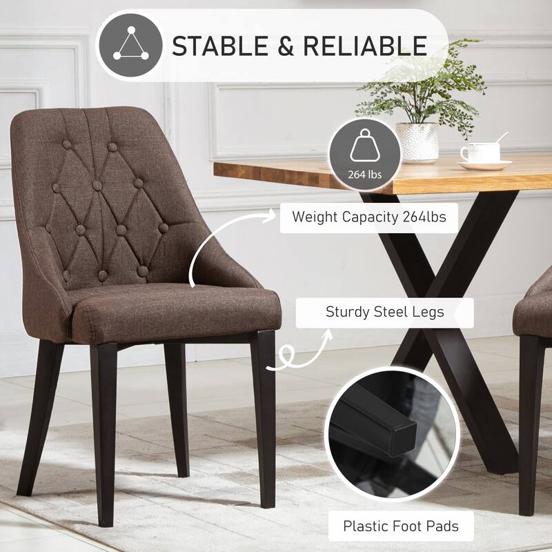 HOMCOM Set of 2 Modern Style Dining Chairs, Button Tufted High Back Side Chairs with Upholstered Seat, Steel Legs