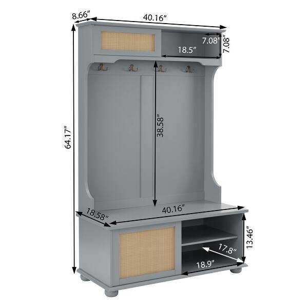 Gray 4in1 Hall Tree with Bench, Rattan Door & Coat Rack Bed Bath