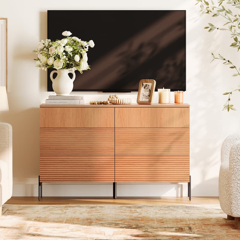 WAMPAT 47" Modern 6 Drawer Dresser TV Stand For 55 Inch TV, Reeded Entertainment Center, Wood TV Console With Storage - Mocha