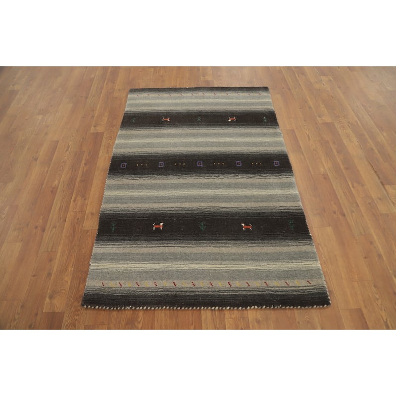 Hand Knotted Oriental 100% Wool Carpet Tribal Animal Pictorial Greys & Charcoal Gabbeh Area Rug - 4' 8'' X 3' 0''