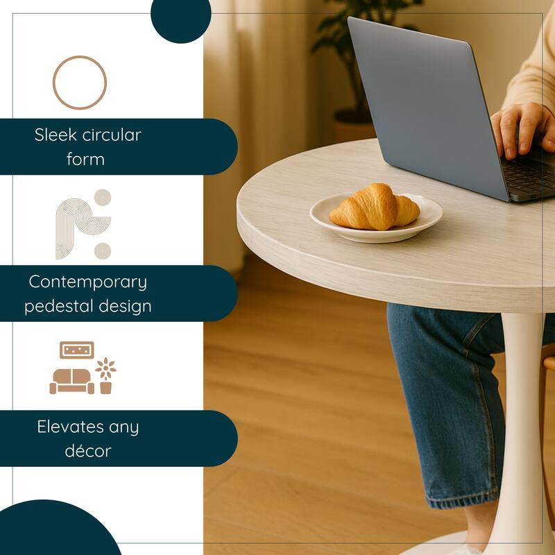 Bristol 27" Round Dining Table with MDF TableTop & White Pedestal Base for Kitchen & Dining Room