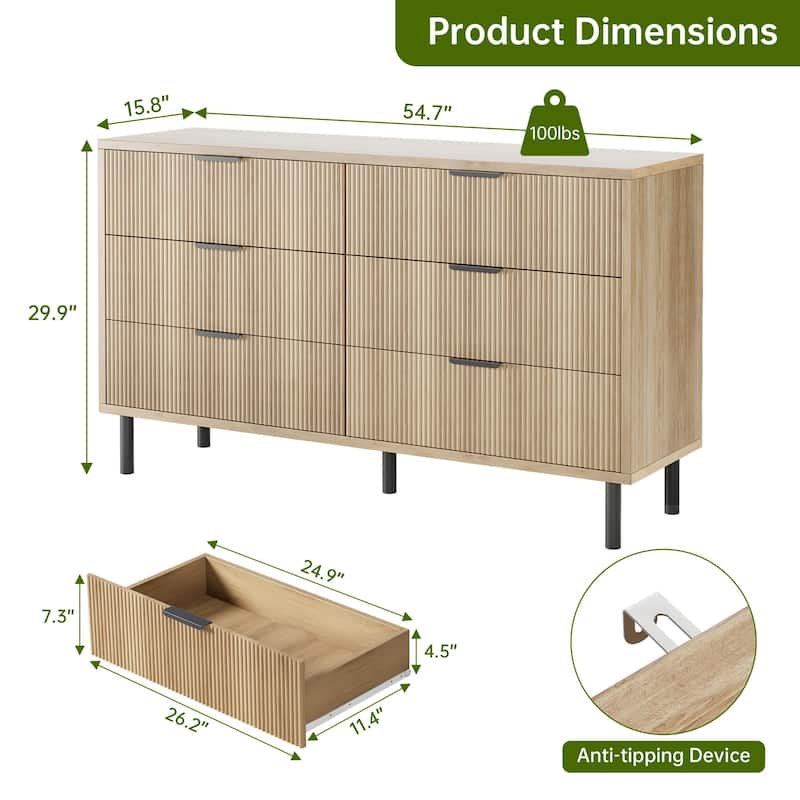 3/5/6 Drawer Fluted Dresser for Bedroom, Modern Wide Chest of Drawers with Metal Legs