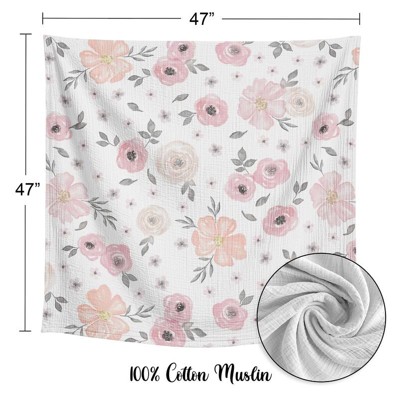 Sweet Jojo Designs Pink/Grey Watercolor Floral Pink Girl 100% Cotton Muslin Baby Swaddle Receiving Blanket-Shabby Chic Farmhouse